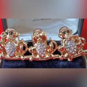 Gold Monkey Brooch with Crystals